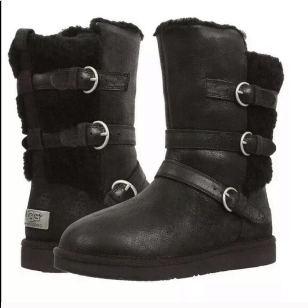 New UGG Becket Boots Black Leather Buckle Fur New In Box Winter classics